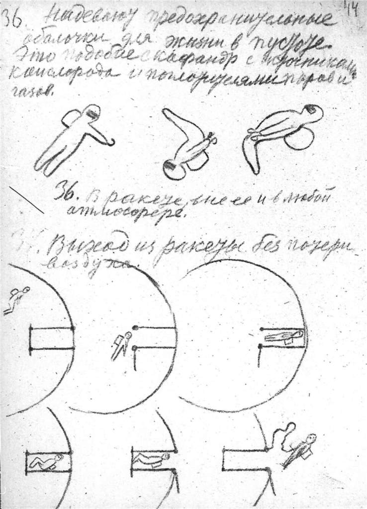 From Tsiolkovsky's 1933 paper "Album of Space Travel", manuscript, drawing of an astronaut in a space suit using an airlock