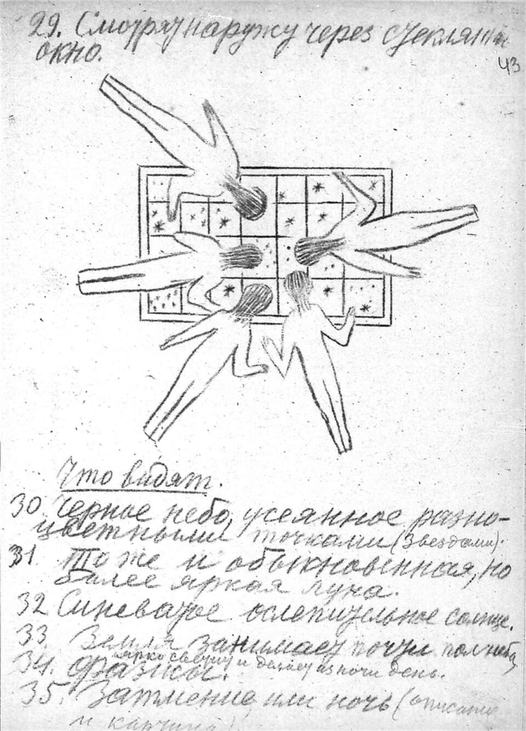 From Tsiolkovsky's 1933 paper "Album of Space Travel", manuscript, drawing of floating people looking at stars through a window.